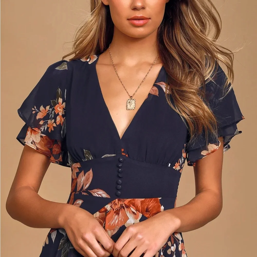 Lulus Dance under the stars in the Midnight Mood Navy Blue Floral Maxi Size M - Picture 3 of 11